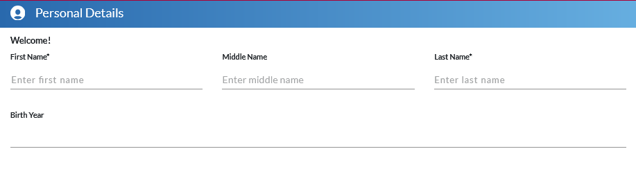 A screen titled "Personal Details" and form field for First Name, Middle Name, Last Name, and Birth Year.