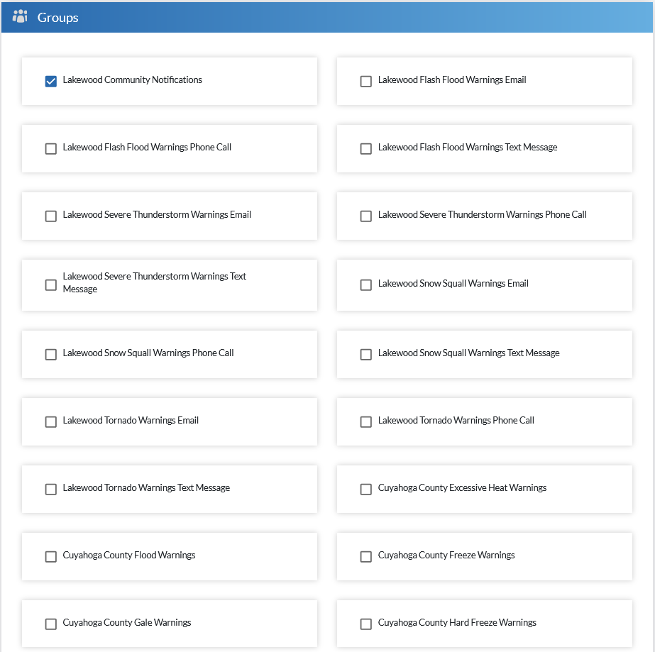 A screen titled "Groups" where a grid of checkboxes allow users to sign up for alerts for Lakewood Community Notifications, Flash Flood Warnings, Thunderstorm Warnings, and others for different devices such as text, call, or email.