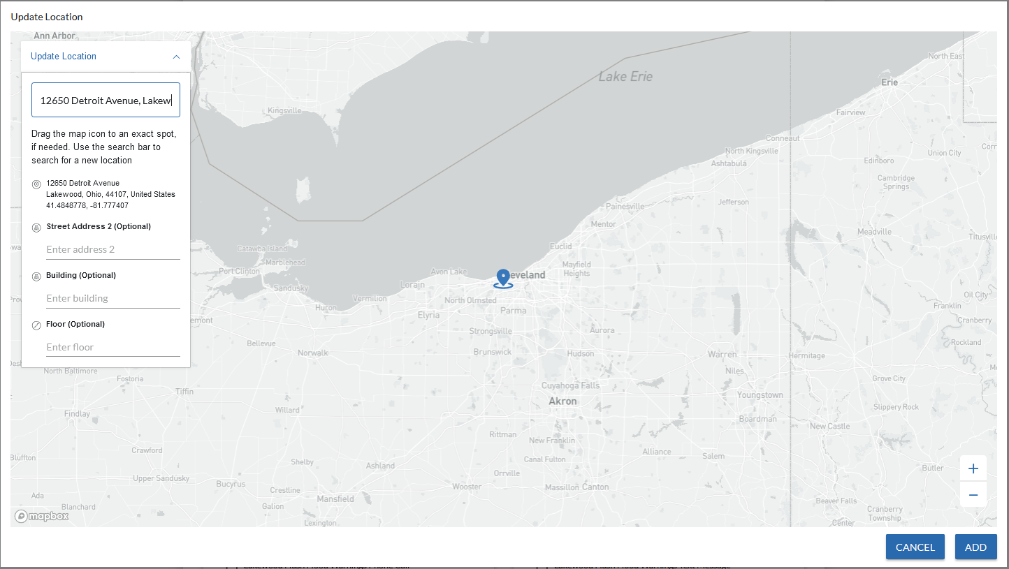 A screen titled "Update Location" and shows a map along with an address entry field in the top left corner.