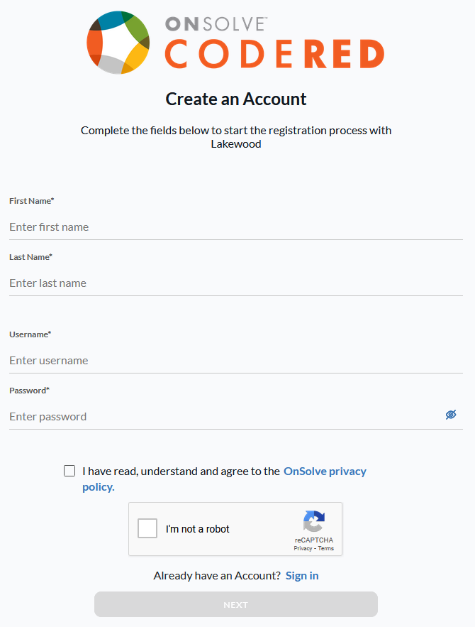 A registration screen with the OnSolve CodeRed logo at the top. Header reads "Create An Account", then form fields below for First Name, Last Name, Username, Password, a confirmation check box, and a reCAPTCHA.