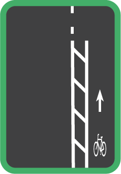 Illustration of a buffered bike lane. The bike lane is marked with a bicycle symbol and arrow for traffic flow, and separated by a wide buffer painted on to the road.