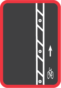 Illustration of a buffered, protected bike lane. The bike lane is separated from automobile traffic by a wide painted buffer and vertical delineators or flex posts.