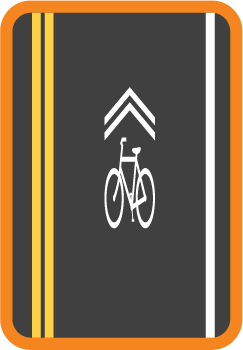 Illustration of a road lane with bike "sharrows". Marked with a bicycle symbol and two chevron arrows pointing in the direction of traffic flow painted in the middle of the lane.