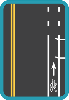 Illustration of a road with a standard bike lane painted on it. Bike lane is marked in white paint with a bicycle symbol and arrow pointing in the direction of the flow of bike traffic. Dashed lines indicate potential conflict points between automobiles and bicycles.