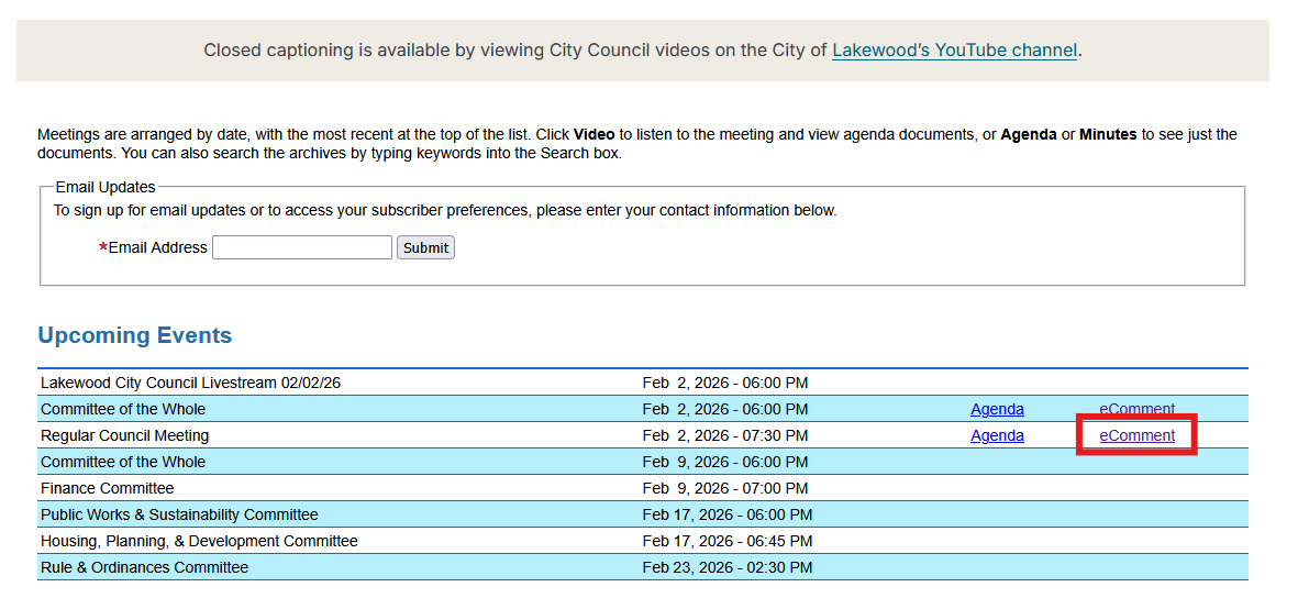 Screen shot showing the Upcoming Events list and the eComment link indicated by a red outlined box.