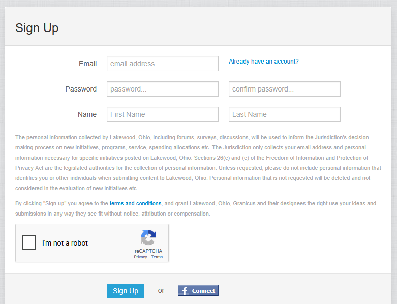 Screen shot showing the Sign Up form for Lakewood's E-Comment platform.