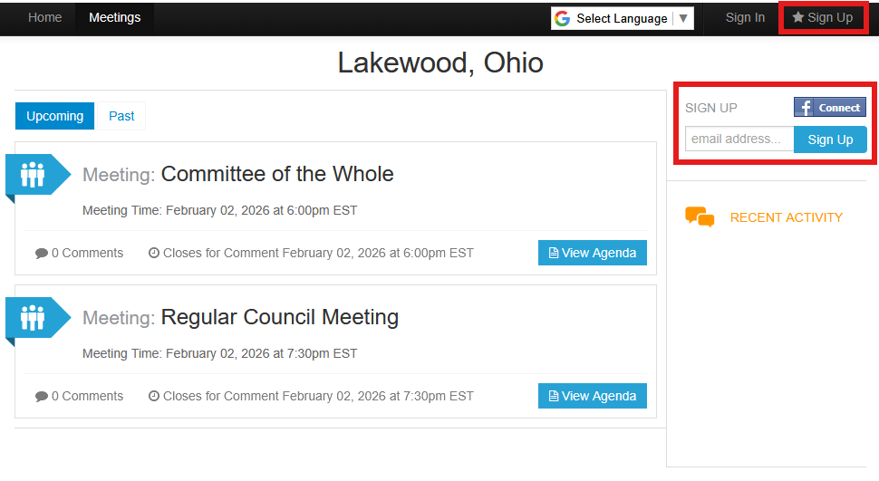Screen shot showing the e-comment home page. The Sign Up button and form fields are indicated by a red outlined box.