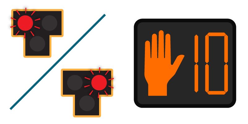 Illustration of a Pedestrian Hybrid Beacon with alternating flashing red lights; the pedestrian signal displays an orange hand signifying "Don't Walk" with a countdown timer.