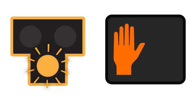 Illustration of a Pedestrian Hybrid Beacon with a flashing yellow light; the pedestrian signal displays an orange hand signifying "Don't Walk".