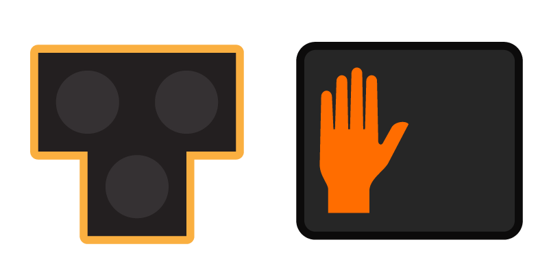 Illustration of a Pedestrian Hybrid Beacon with no lights illuminated; the pedestrian signal displays an orange hand signifying "Don't Walk".