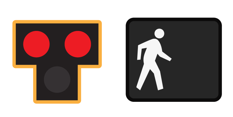 Illustration of a Pedestrian Hybrid Beacon with a solid red light; the pedestrian signal displays a lit white "walk" symbol.