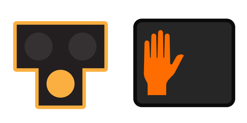 Illustration of a Pedestrian Hybrid Beacon with a solid yellow light; the pedestrian signal displays an orange hand signifying "Don't Walk".