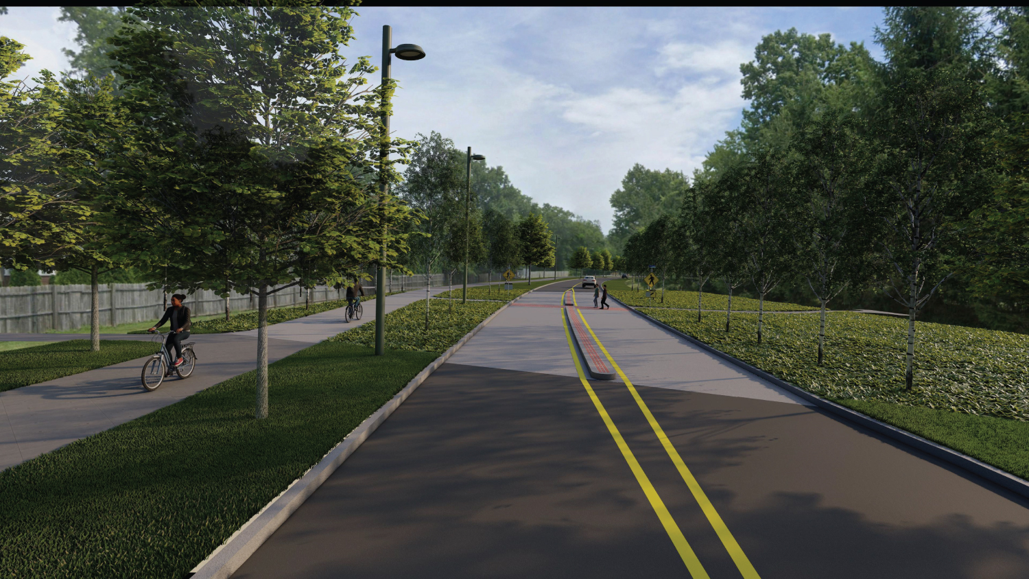 Rendering of the new Lake-Clifton connector. Shows a two-lane road, shared use path on the left, and trees and green space.