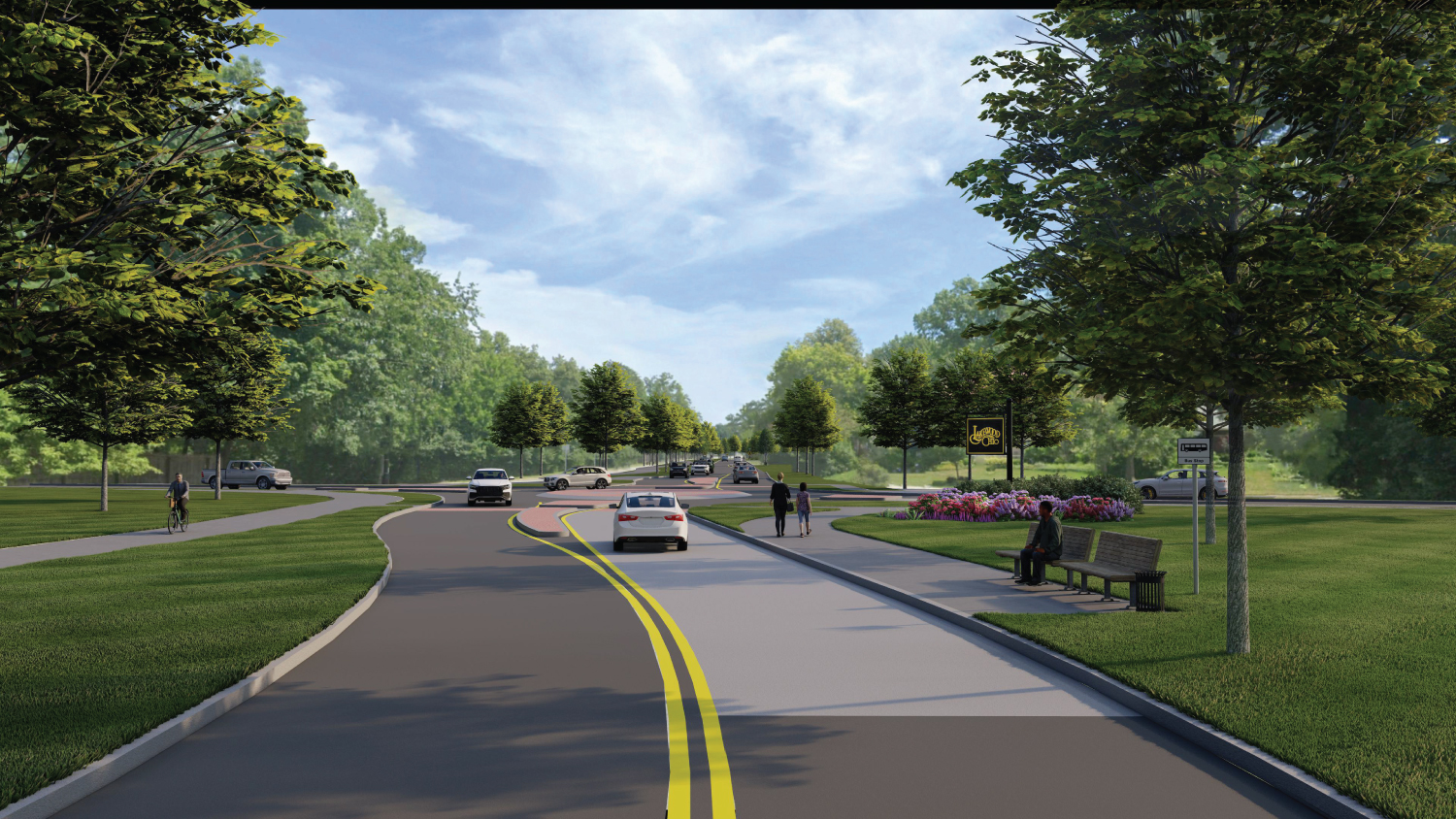 Rendering of the new Lake-Clifton connector. Shows a two-lane road leading to a roundabout with shared use path on the right side of the street and enhanced crosswalks.