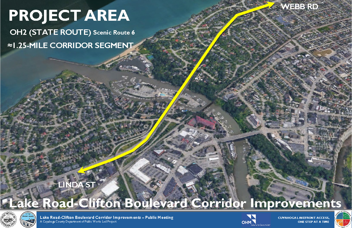 First slide of the presentation on the Lake-Clifton Connector project given by Cuyahoga County. Shows an aerial image of the Rocky River-Lakewood border with Clifton Blvd/Lake Rd. highlighted in yellow.