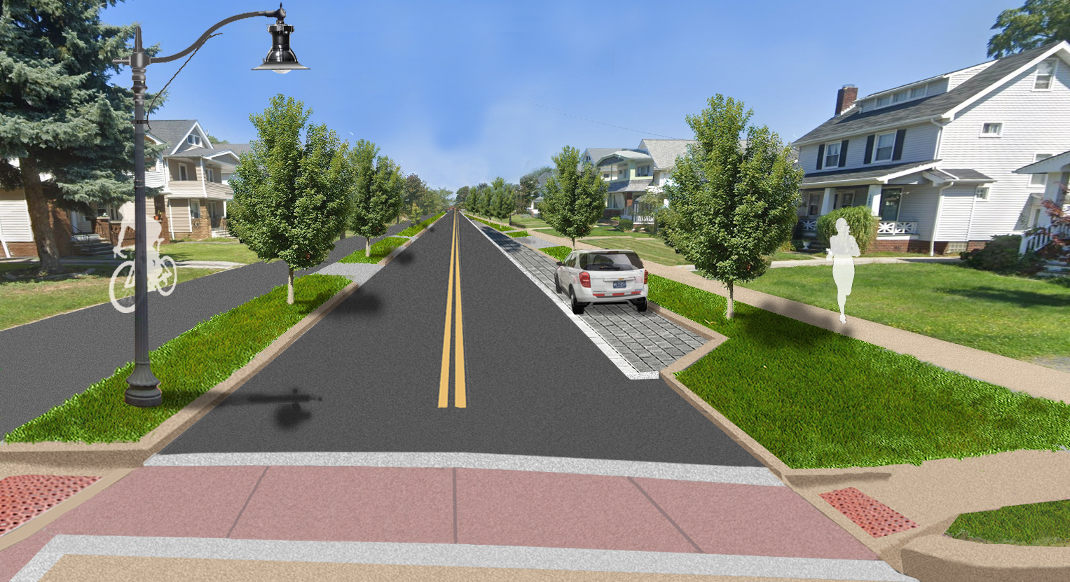 A rendering of Bunts Road depicting a new road surface, permeable parking lane, decorative lighting, and a shared use path on the west side of the street.
