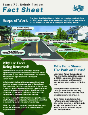 Bunts Road Fact Sheet about the project. Contains a rendering, illustrations, and text.