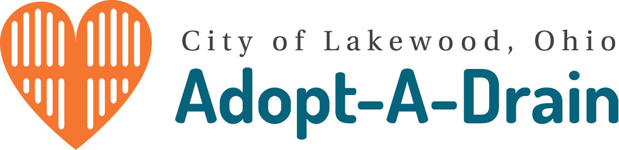 Adopt-A-Drain Logo. An orange heart with sewer grates inside; text that reads "City of Lakewood, Ohio Adopt-A-Drain".