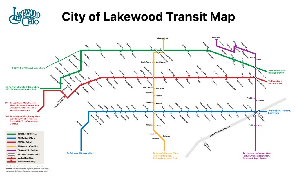 A simplified transit map of the City of Lakewood, Ohio, showing color-coded bus lines and stops. If you need assistance, please contact the Greater Cleveland RTA.